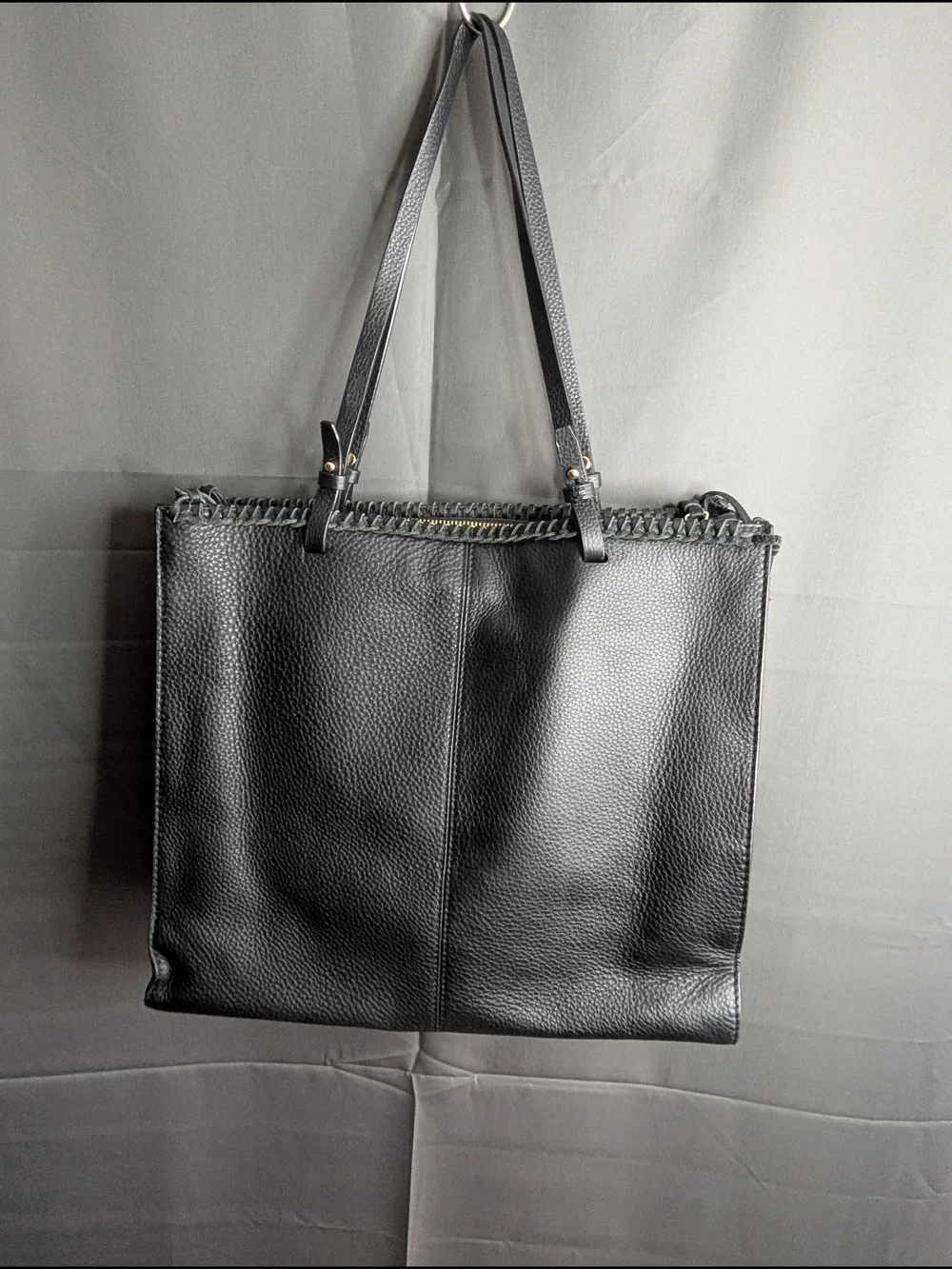 Vince Camuto Litzy Black Pebbled Leather Tote Bag Whipstitch Trim Large